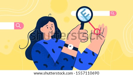 SEO optimization vector concept. Girl looking for keywords and semantic core. Stylish flat illustration good for banners, ads, landing pages or other web promotion issue.