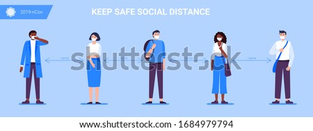 Social Distancing. People keep a distance for infection and disease, wearing a surgical protective medical mask to prevent virus Covid-19. Health care concept. Vector illustration.