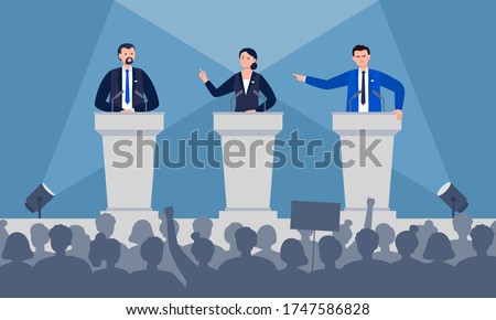 Politicians are discussing on stage. Debates concept. Candidates speech in front of the crowd people. Flat vector illustration.