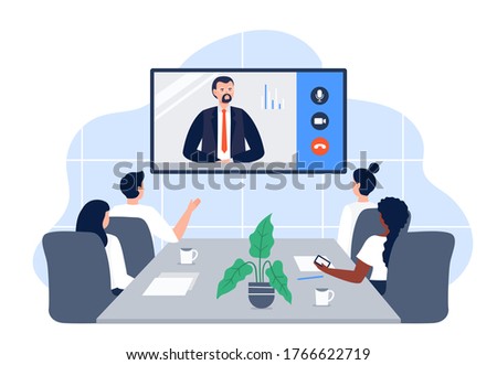 Business video conference in the room with co-workers. Video call meeting with CEO at the video projection screen. Teleconference concept. Trendy flat vector illustration.