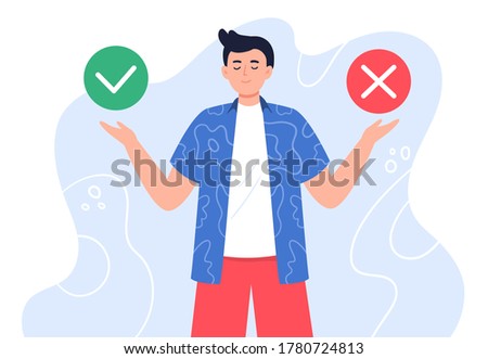 A young man with two buttons. Accept and cancel. Online choice, electronic voting concept. Flat vector illustration.