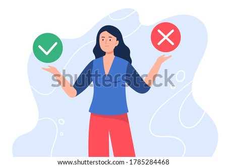 A young woman with two buttons. Accept and cancel. Online choice, electronic voting concept. Flat vector illustration.