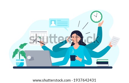 A Businesswoman Does All Work Tasks in Time. Multitasking, Time Management, and Productivity Concept. Vector Flat Illustration. Foto stock © 