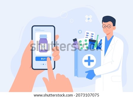Human hand holding smartphone for online order of medicines. Home delivery pharmacy service. Online pharmacy, delivery drugs, prescription medicines order. Vector flat illustration.