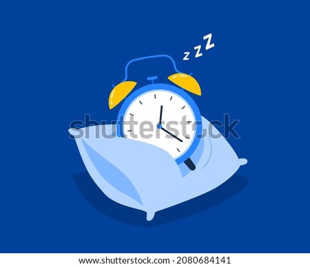 Wake-up time. The alarm clock sleeping in the morning is isolated in the background. Trendy vector flat illustration.