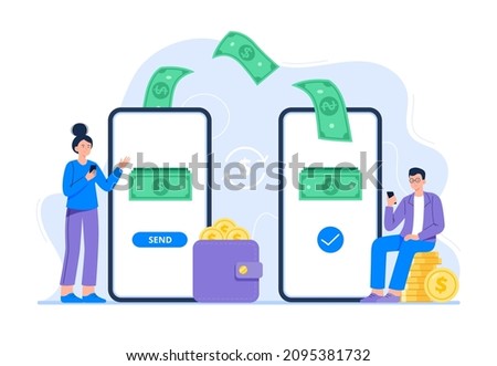 A man and woman send and receive money via a smartphone app. Application for online transactions. Concept of money transfer, and banking. Vector flat illustration for banners, webpage.