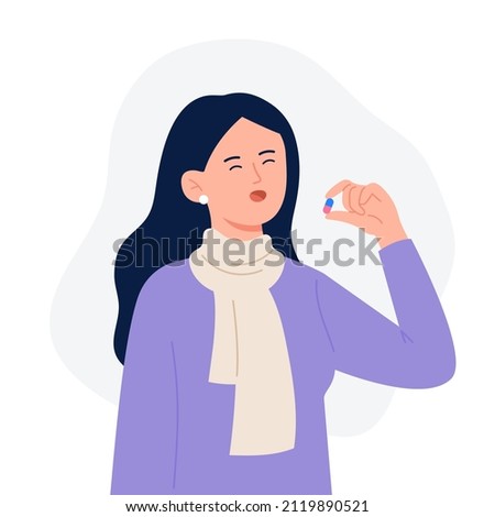 A young cute woman drinks a pill. Cartoon character standing and holding pill capsule painkiller or vitamin medication in hand. Medical drugs and vitamin concept. Vector flat colorful illustration.