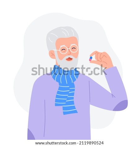 An old man drinks a pill. Cartoon character standing and holding pill capsule painkiller or vitamin medication in hand. Medical drugs and vitamin concept. Vector flat colorful illustration.