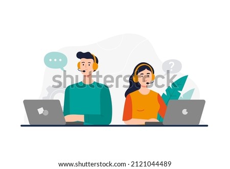 A man and woman from a call center. Dealing with a customer problem, answering phone calls, chatting with clients. Customer support department staff, telemarketing agents. Vector flat illustration.