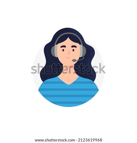 An avatar of woman from a call center. Live chat operators, hotline operator, assistant with headphones. Online global technical support 24 7. Vector flat illustration.