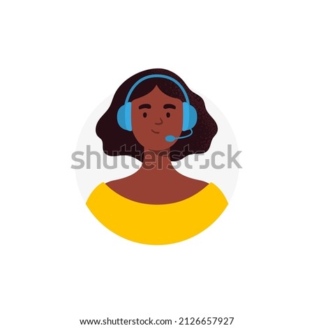 An avatar of african-american woman from a call center. Live chat operators, hotline operator, assistant with headphones. Online global technical support 24 7. Vector flat illustration.