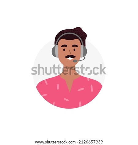 An avatar of indian man from a call center. Live chat operators, hotline operator, assistant with headphones. Online global technical support 24 7. Vector flat illustration.