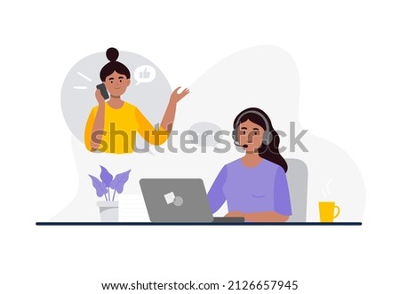 An Indian woman from a call center successful dealing with a customer problem. Online global technical support 24 7. Customer support department staff, telemarketing agents. Vector flat illustration.