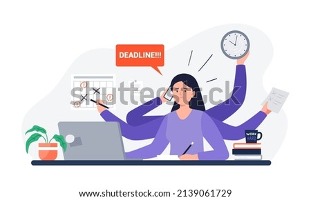 A tired woman missing deadline. An office worker overwhelmed by work, reports, and calls. Mental health problem. Vector flat illustration.