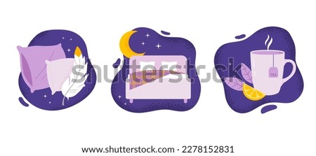 Set of items for better sleep. Sleep time. Comfortable pillows, bed, and natural herbal tea. Relaxation, sleeping concepts. Trendy vector flat illustrations.