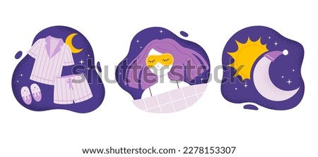 Set of items for better sleep. Comfortable pajamas, face mask, and herbal tea. Relaxation, healthy sleep concepts. Trendy vector flat illustrations.