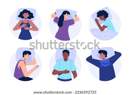 Set of sleeping characters. Women and men lie in various poses. Sleep on your back, side, and stomach. Top view. Vector illustrations in flat style.