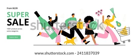 Happy people running with grocery purchases. Big sales and discounts at a supermarket or internet store. Vector flat illustration for web banner, and landing page.