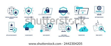 Cyber security set. Data protection, secured network, firewall, strong password, backup, and updating software. Vector linear illustrations on the white background. 