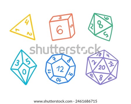 Doodles set with DND dice. D4 D6 D8 D10 D12 D20 dices. Board game, or role-play game. Hand-drawn vector illustrations isolated on a white background.