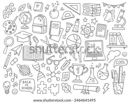 Back to school doodles. School supplies and educational elements. Hand-drawn vector illustrations isolated on a white background.