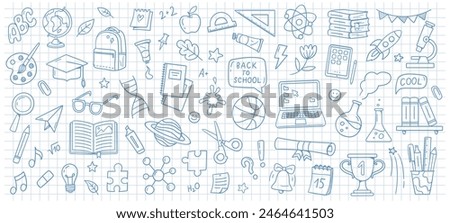 Similar – Image, Stock Photo Creative education background. Back to school concept. Rocket astronaut cut from paper toilet roll tube and school tools set on black background. top view, banner, reuse recycle decorative idea