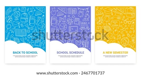 Back to school posters. Doodles with school supplies and educational elements. Hand-drawn vector illustrations for poster, or promo. 