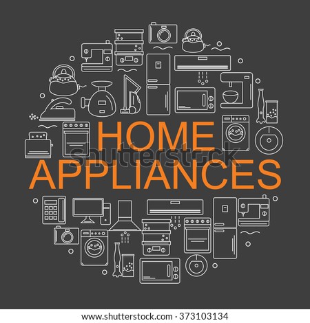  Icons of home appliances arranged in a circle in the style of the line. Banner or poster.