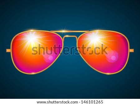 Trendy aviator shape golden glasses, red lens isolated - vector illustration.
