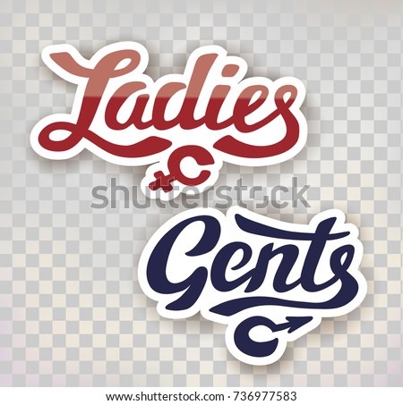 Ladies and Gents, men and women toilet signs - hand lettering patches/icons on transparent background.