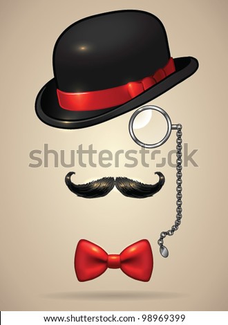 Vintage silhouette of bowler, mustaches, monocle and a bow tie - vector illustration. Shadow and background are on separate layers. Easy editing.