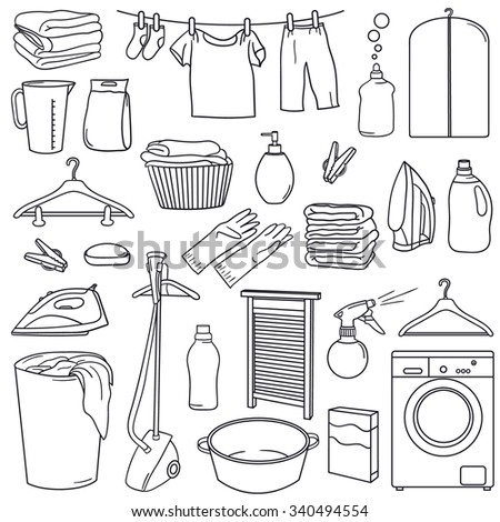 Hand drawn collection of laundry icons. Big set of sketch objects. Illustration with symbols, black and white icon. Home and professional laundry service. Accessories for washing and drying clothes