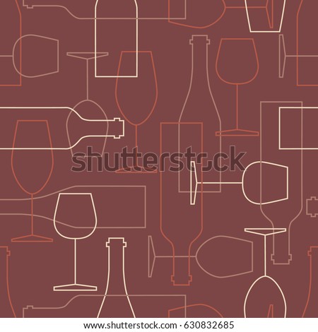 Seamless pattern, pack paper with wine bottles and wine glasses icons. Modern thin line icon, flat style. Background or backdrop with winery elements collection. Colorful wallpaper, good for printing