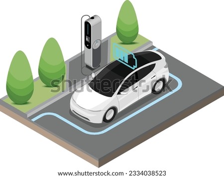 EV Electric Car stop at Charging Station Ecology cut inside show Battery Concept isometric isolated vector