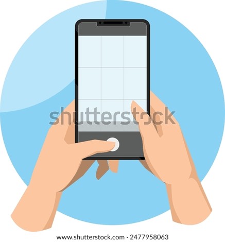 Two hand holding phone, taking mobile photo. Making photograph with grid on smartphone screen. Using camera for shooting, recording video. Flat graphic vector illustration isolated on white background