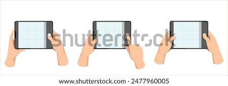 Many hands holding tablet, taking tablet photo. Making photograph with grid on tablet screen. Using camera for shooting, recording video. Flat graphic vector illustration isolated on white background