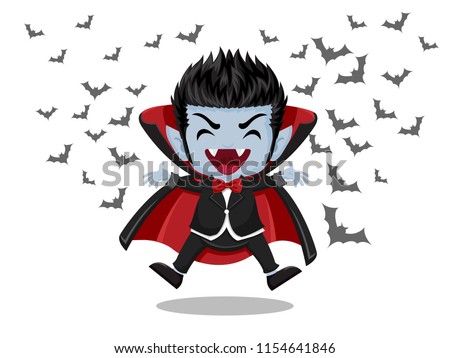 Halloween Cartoon. Dracula Vampire and flying bats isolated on white background . Vector illustration.
