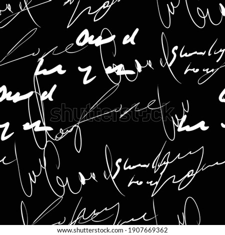 Seamless vector pattern. White text on a black background. Handwritten words in chalk. Letter background. Blackboard illustration