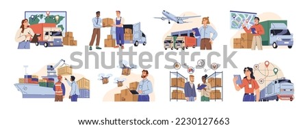 International logistics and cargo delivery concept scenes set. Air freight, rail and sea freight, industry logistics and transportation, warehouse. Export and import shipping of goods with transport