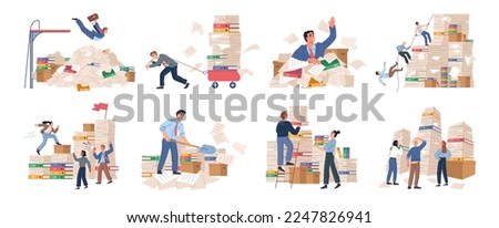 Paperwork and overload, employee dealing with work with documents. Stressful business man in office with too many stack of paper and folder. Business concepts set in a lot of work and very busy