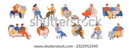 Happy smiling people sitting on sofas, chairs set. Sit on sofa and talk. Positive relaxed men and women talking, relaxing, resting, speaking, doing different activities sitting on couch and armchair