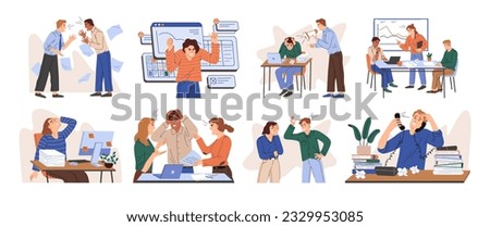 Rudeness in business team scenes set. Bad job, adverse atmosphere, disrespectful attitude towards colleagues. Stressful office environments. Conflicts between colleagues, disgruntled employees