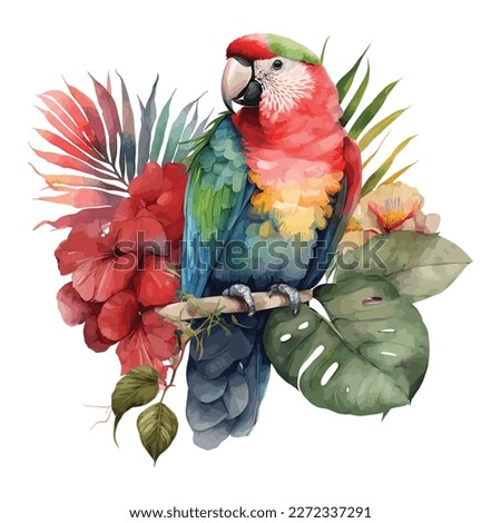 Watercolor parrot with jungle flower, isolated in white background.