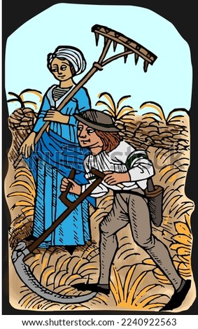 Vector of medieval man and women harvesting wheat, farming in woodcut style.