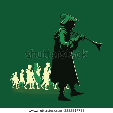 Vector of the fairy tale the Pied Piper of Hamelin, leading children away.