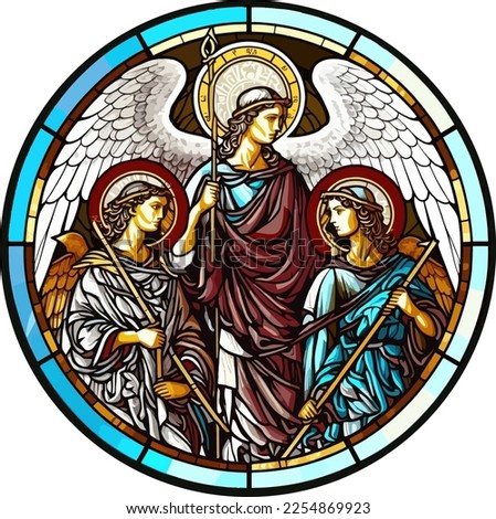 Archangel grouping, Raphael, Gabriel, and Michael- stained glass round window
