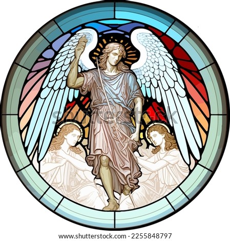 Stained glass window of three archangels, Gabriel, Raphael, Michael. 