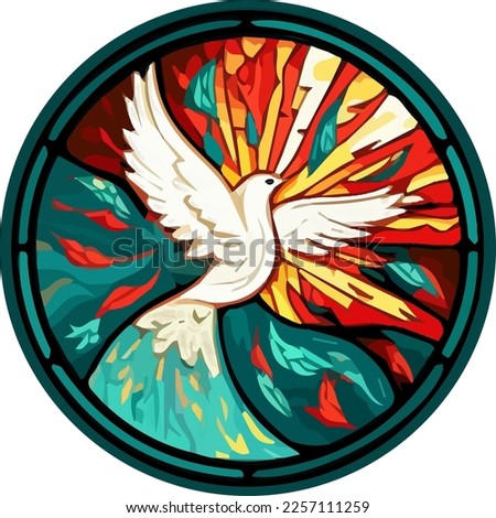 Round Stained glass window of a dove, pentecost