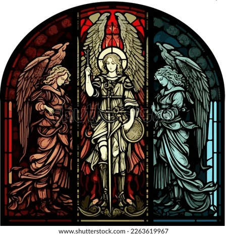 Archangel grouping in stained glass window, Michael, Gabriel, Raphael
