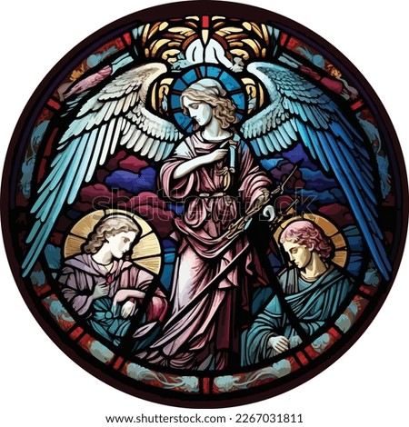 Round stained glass window of archangels, Michael, Gabriel and Raphael